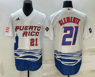Mens Puerto Rico Baseball #21 Roberto Clemente Number 2023 White World Baseball Classic Stitched Jerseys->2023 world baseball classic->MLB Jersey